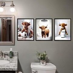 Waterproof Highland Cow Bathroom Art Prints – Humorous Decor (8×10, Set of 4)
