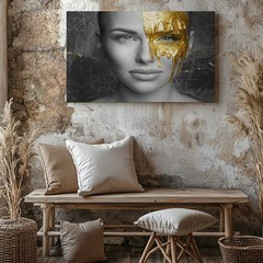 Modern Black and White Woman Portrait with Gold Paint Drip Abstract Canvas Art