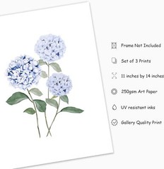 3Pcs Hydrangea Floral Wall Art Prints Watercolor Blue Flower Art Poster Minimali