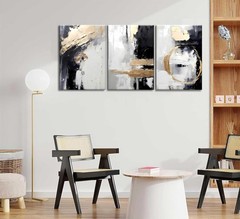 3pcs Framed Black White Gold Canvas Wall Art Abstract Geometric Textured Post…