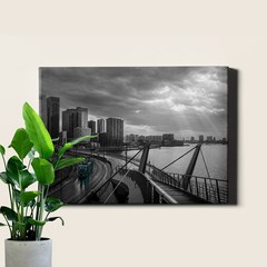 black_and_white_city_skyline_teal_tram