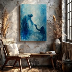 Wall Art Blue Whale Ocean Abstract Painting Coastal Nautical Canvas Print Decor