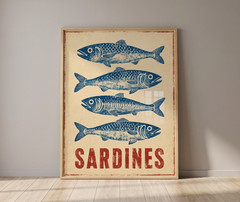 Rustic Sardines Fish Poster Retro Coastal Kitchen Wall Decor Art Print