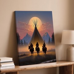 Native American Warrior Horses Canvas Wall Art Sunset Teepee Mountain Print
