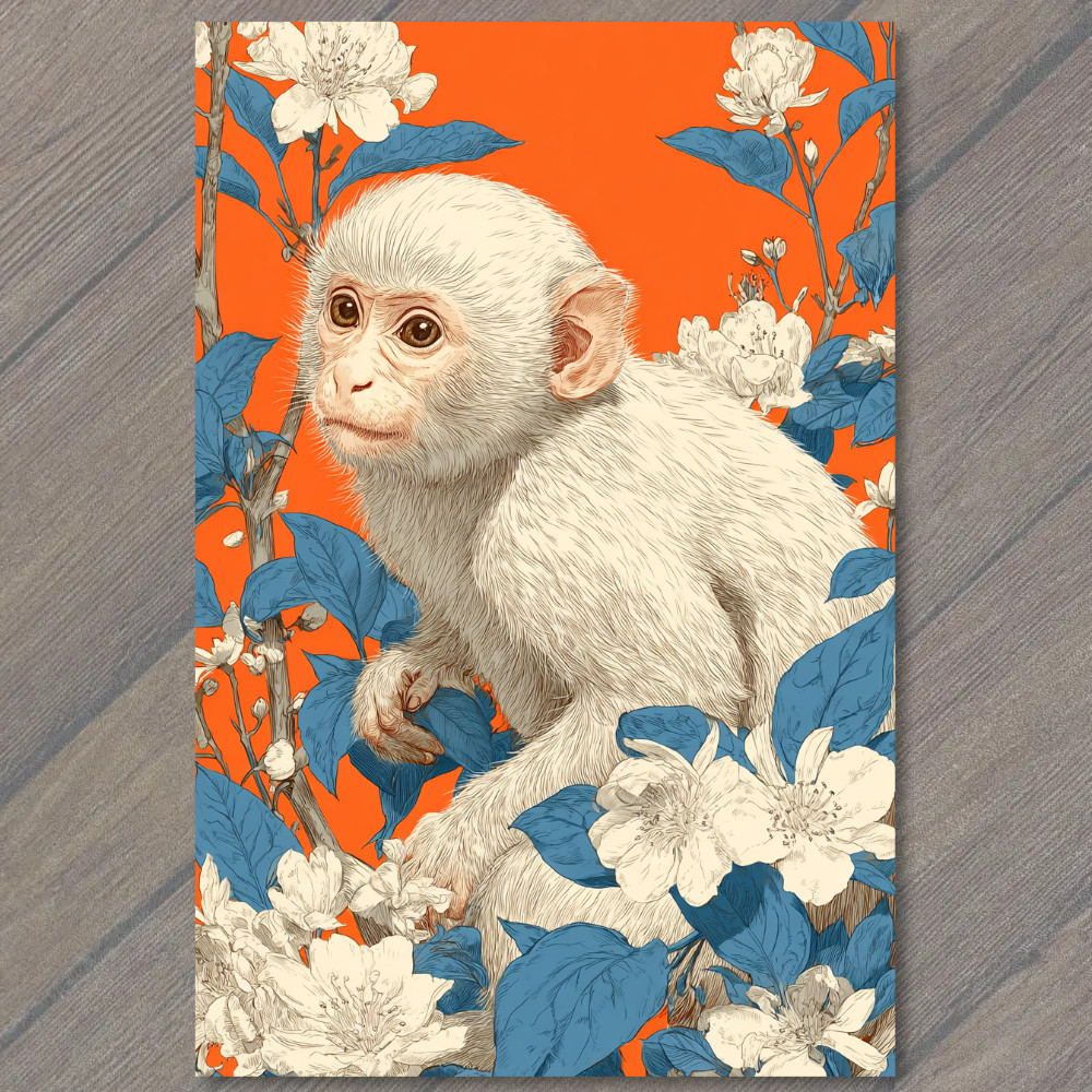 Art Print White Baby Monkey Orange Blue Floral Whimsical Portrait