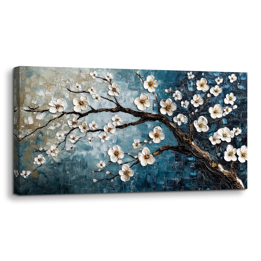 crmotu Plum Blossom Wall Art, Japanese Flower Canvas Large Artwork, Teal Blue…