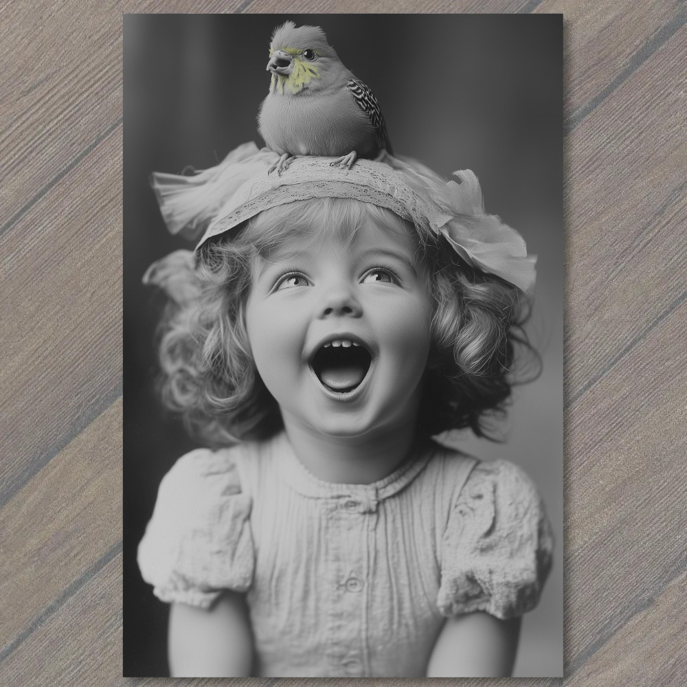 Art Print Girl Smiling Bird Joyful Cute Nostalgic Charming Retro Style Whimsica