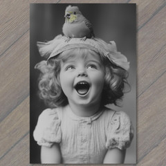 Art Print Girl Smiling Bird Joyful Cute Nostalgic Charming Retro Style Whimsica