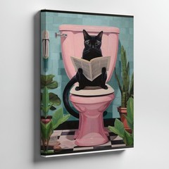 Black Cat On Pink Toilet Reading Newspaper Canvas Wall Art Print Home Decor