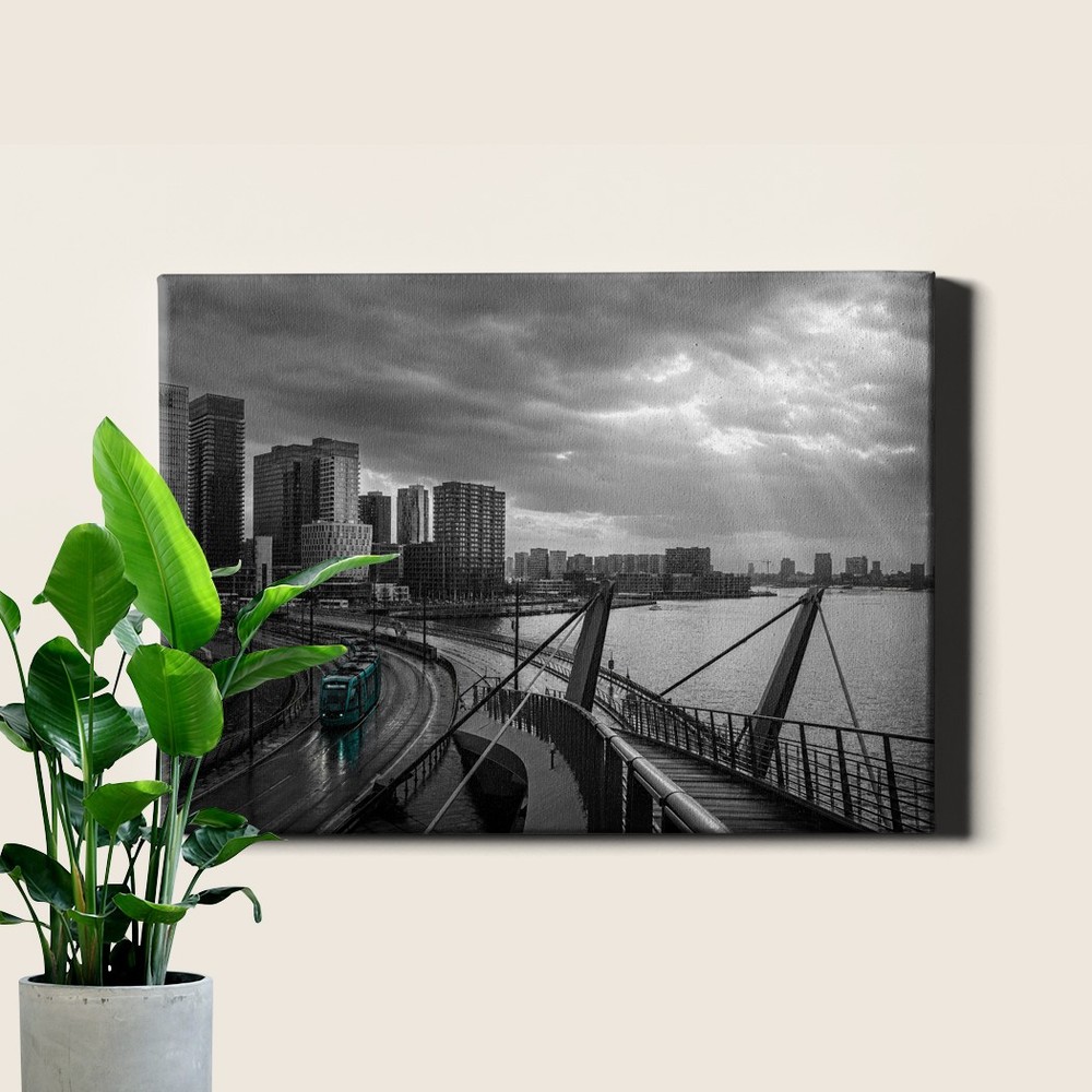 Black and white city skyline with teal tram Poster Print urban scene