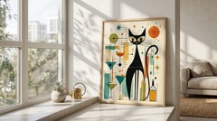 Mid Century Modern Black Cat Poster Retro Martini Glass Print Bar Cart Art