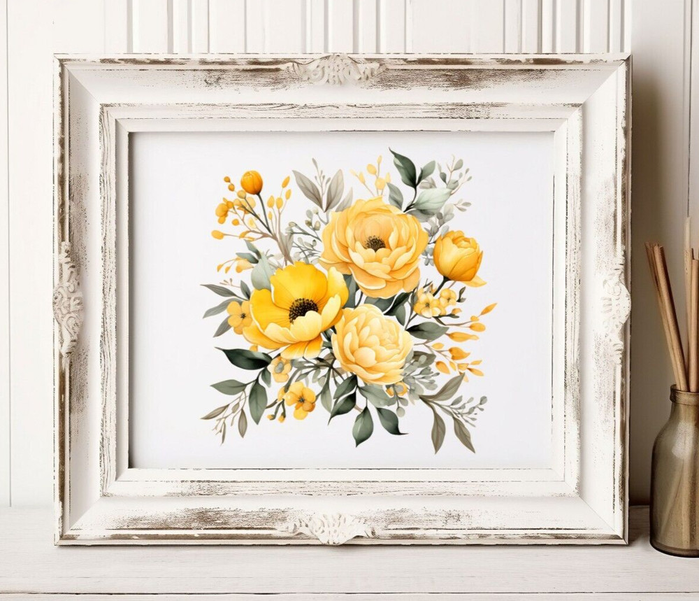 Yellow Flowers Wall Art Print, Yellow Flowers Bouquet, Floral Wall Art