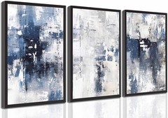 3 Pcs Navy Blue Abstract Canvas Wall Art Modern Minimalist Neutral White Blue…