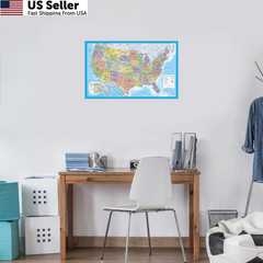 2 Pack – Laminated World Map & US Poster Set – Wall 18″ x 29″, Light Blue