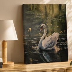 Elegant Swan Water Lilies Canvas Wall Art Nature Wildlife Painting Home Decor