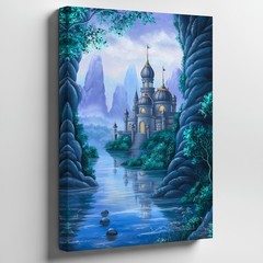 Wall Art Mystical Landscape Featuring A Grand, Ornate Castle With Multiple Domes