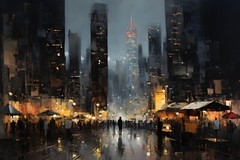 City Night Market Painting | Classic Cityscape Oil Painting on Framed Canvas Art