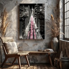 Black And White Cityscape Canvas Wall Art With Pink Light Trails Urban Print