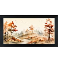 Autumn River Fall Landscape Framed Wall Art Watercolor Wide Farmhouse Scenic Art