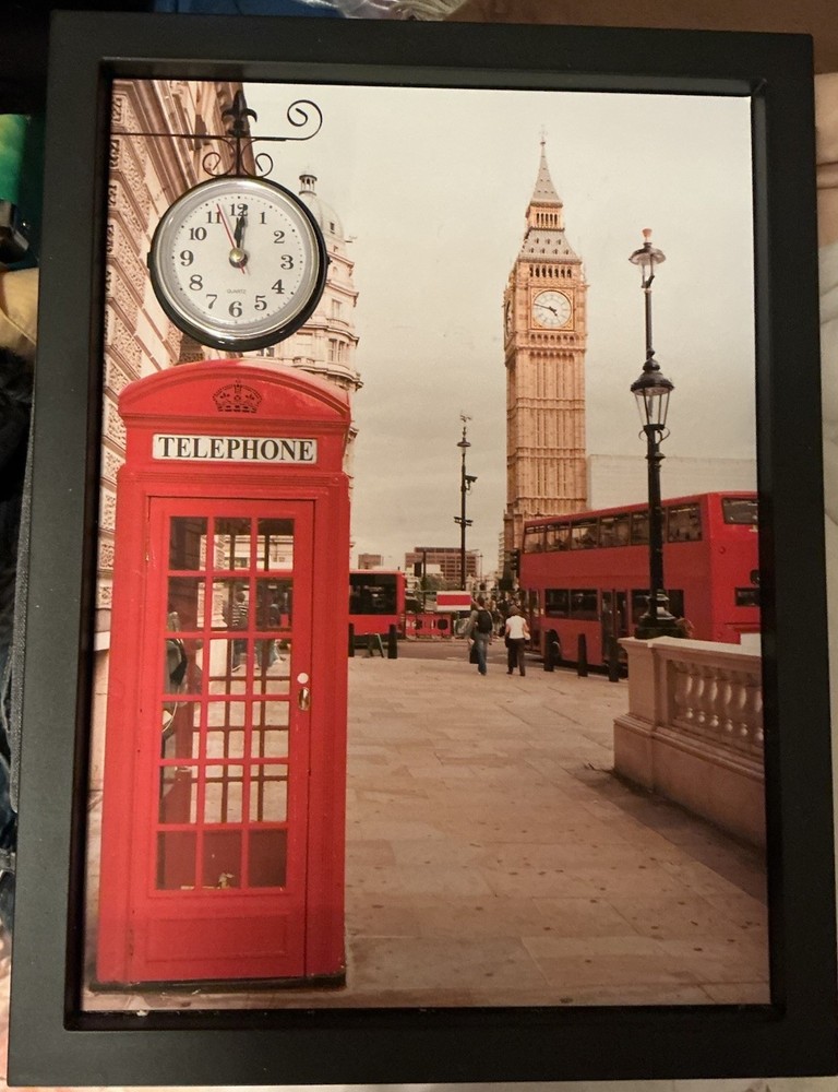 London Red Telephone Box Framed Print Clock: English Phone Booth Wall Art
