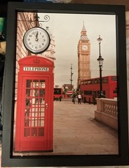 London Red Telephone Box Framed Print Clock: English Phone Booth Wall Art