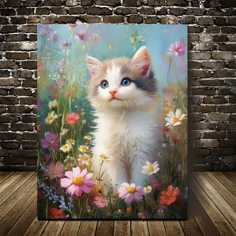 Cute Ragdoll Kitten Among Flowers And Plants Painting Metal Print Ready to Hang