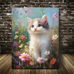Cute Ragdoll Kitten Among Flowers And Plants Painting Metal Print Ready to Hang