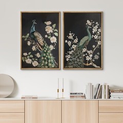 Wall26 Peacock and Blossoms Vintage Animal Modern Framed Canvas Print Set of 2