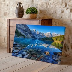 Mountain Lake Landscape Canvas Wall Art with Clear Water Reflection Nature Print