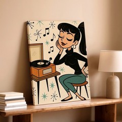 Wall Art Retro Woman Listening to Vinyl Record Player Mid Century Music Print