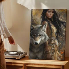 Native American Woman And Wolf Canvas Wall Art Autumn Forest Tribal Decor Print