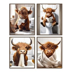 4Pcs Funny Highland Cow Wall Art Pictures, Rustic Cow Canvas Prints for Bathr…