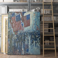 Rainy Day on Fifth Avenue Childe Hassam America Flag USA Canvas Wall Art Print