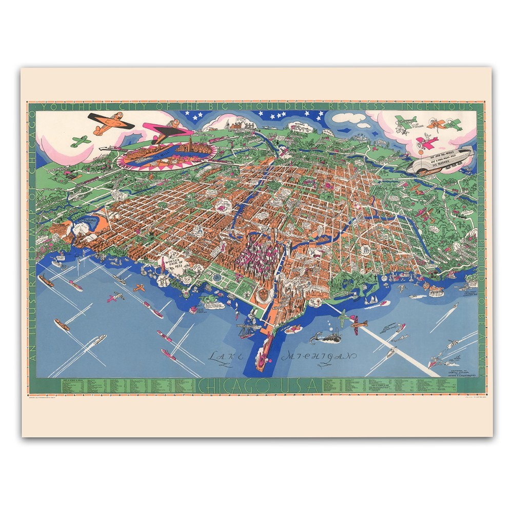 Pictorial Map of Chicago Illinois Vintage City View Wall Art Print