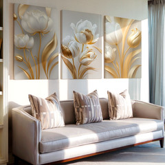 3 Pieces Elegant Gold White Tulips Large Wall Art Set for Bedroom Set Of 3