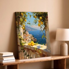 Wall Art Lemon Coastal Village Seascape Painting Mediterranean Window Decor
