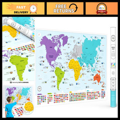 Large Educational World Map Poster – Colorful Wall Art with Flags & Capitals – P