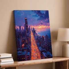 Cityscape Canvas Wall Art Chicago Skyline Sunset Illuminated Street Urban Print