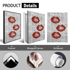Black White Newspaper Canvas Wall Art, Fashion Red Kiss Lips Aesthetic Poster…