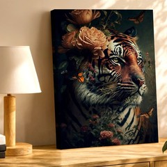 Wall Art Tiger Portrait with Flowers Butterflies Dark Botanical Wildlife Print