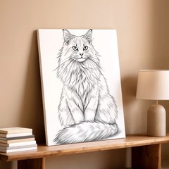 Wall Art Long Haired Cat Sketch Print Black White Feline Line Drawing Decor