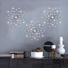 3 Pack Silver Starburst Wall Art Metal 18in Crystal Rhinestones Home Decor