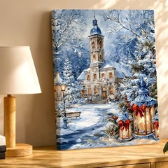 Wall Art Winter Church Landscape Canvas Print Snowy Lantern Christmas Decor