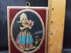 Dutch Girl w/ Flowers & Dog – Miniature Art Print-Framed On Wood-Brass Hanger