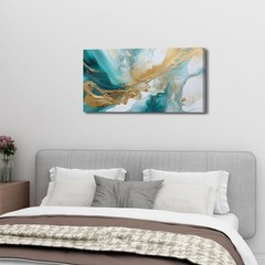 Abstract Teal Marble Canvas Art – Turquoise & Gold Wall Decor for Living Room, B