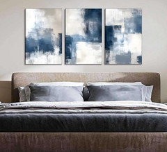 3 Pcs Navy Blue Abstract Canvas Wall Art Modern Minimalist Neutral Blue and Grey