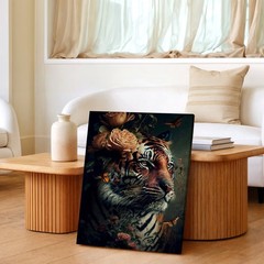 Wall Art Tiger Portrait with Flowers Butterflies Dark Botanical Wildlife Print