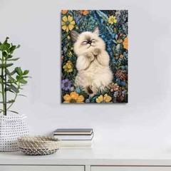 Cute Ragdoll Kitten with Flowers & Plants Painting Metal Print Ready to Hang