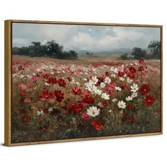 Vintage Red and White Daisy Wall Art Abstract Flowers Picture for Bedroom Far…