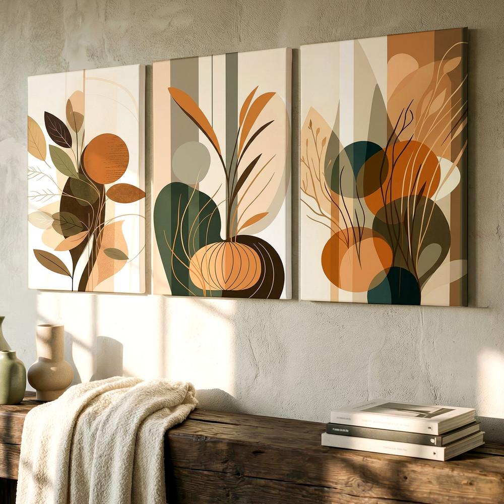 3 Pieces Abstract Botanical Earth Tones Large Wall Art Set for Living Set Of 3